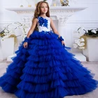 Королевское синее платье без рукавов для девочек в цветочек платья с овальным вырезом с гофрированными манжетами бальное платье в винтажном стиле; Нарядные платья для девочек для свадебного торжества