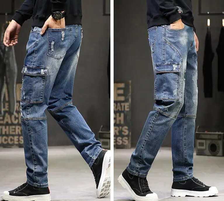 Jeans Men Loose Harem Pants Multi-Pocket Jeans Mens Strendy Brand Harem Pants Retro Jeans