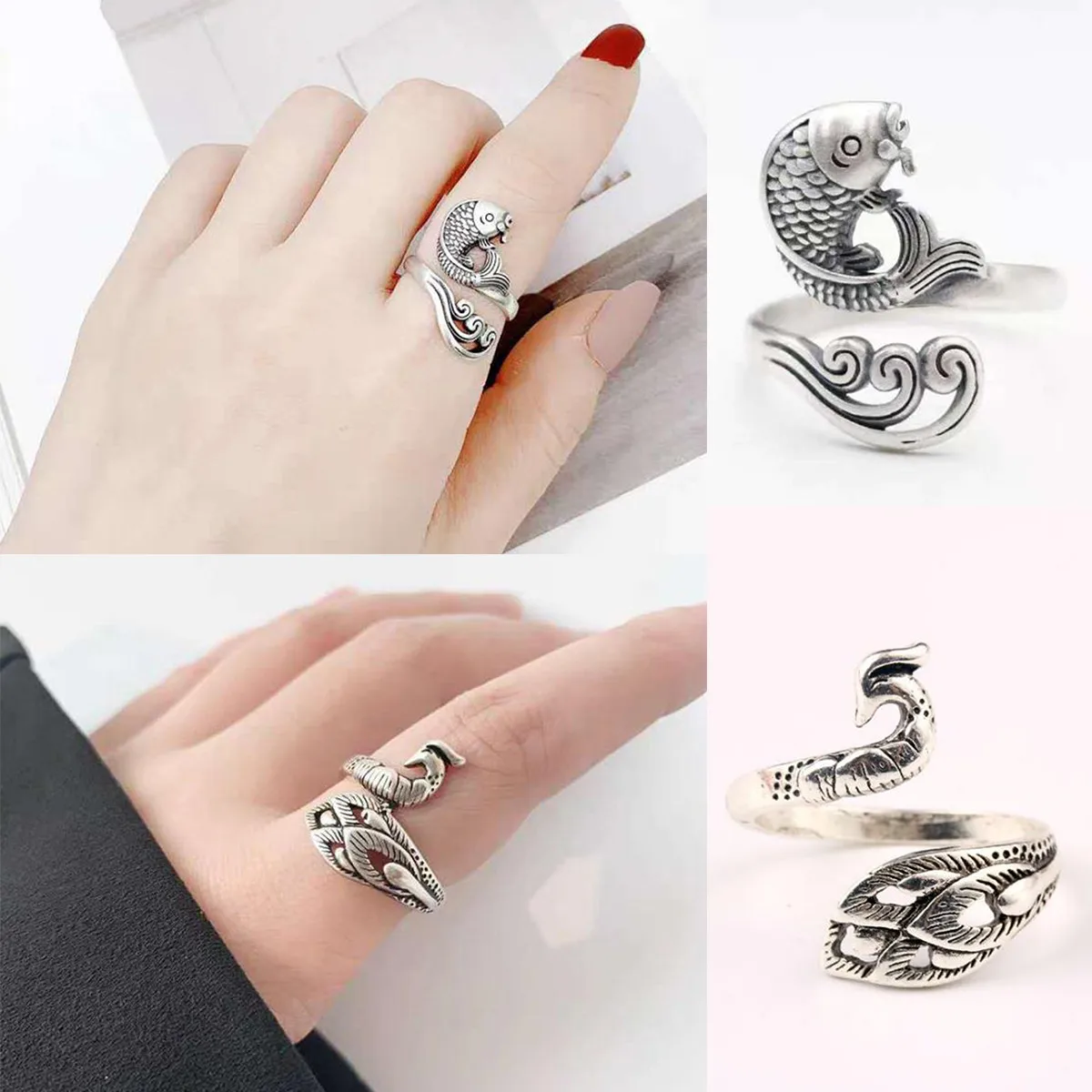 Винтажный Ретро Регулируемый Серебряный Павлин кои рыба кольцо крючок вязальная