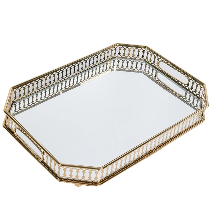

Vanity Tray, Decorative Tray with Square Metal and Mirrored Base for Countertop Organizer, Gold