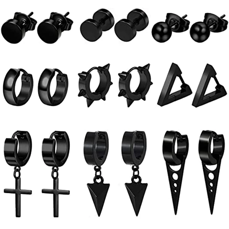 

9 Pairs of Stainless Steel Stud Earrings Huggie Hoop Earrings Women's Men's Black Cross Punk Style Gothic Earring Set