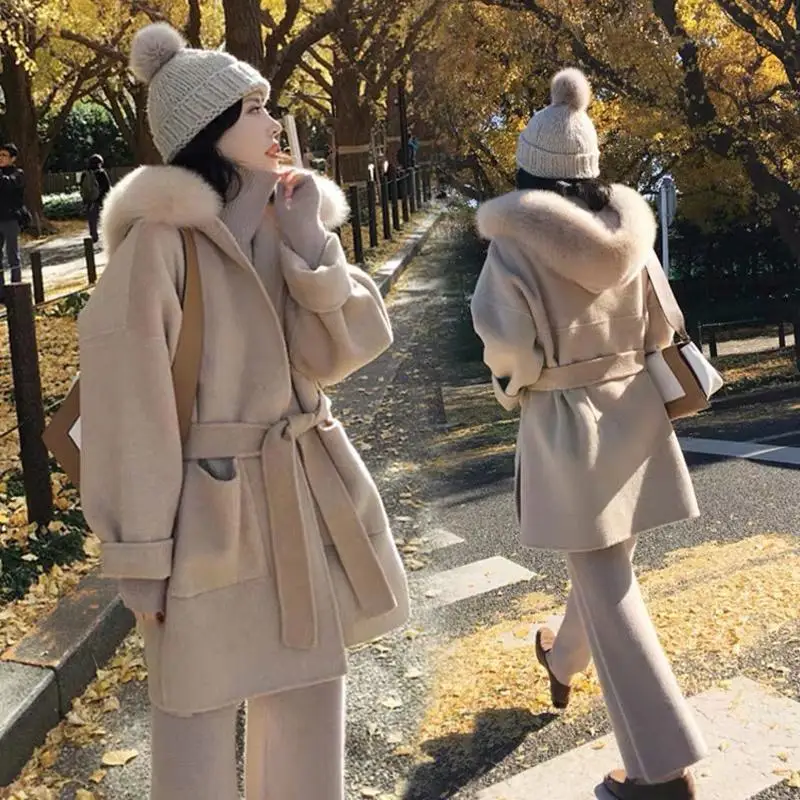 Корейское длинное кашемировое пальто с настоящим бренд Fox Fur Trim Hoodie теплое плотное пальто с большими карманами женская верхняя одежда зимнее пальто