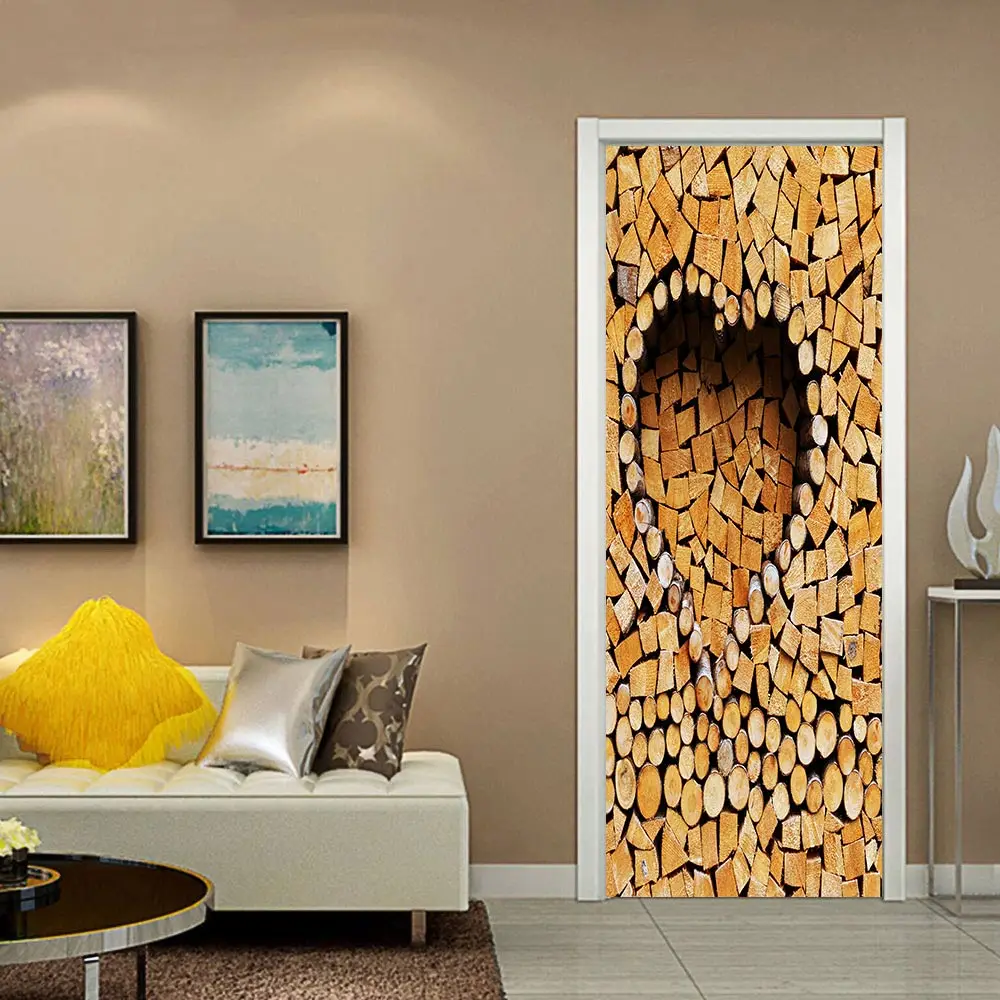 

3D creative Pile of wood door stickers wall stickers self-adhesive waterproof removable