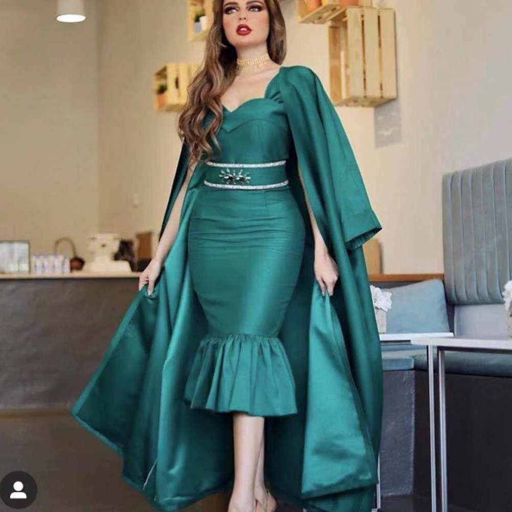 green prom dresses 2020 sweetheart neckline beading crystal sheath with jacket satin evening formal arabic | Свадьбы и торжества