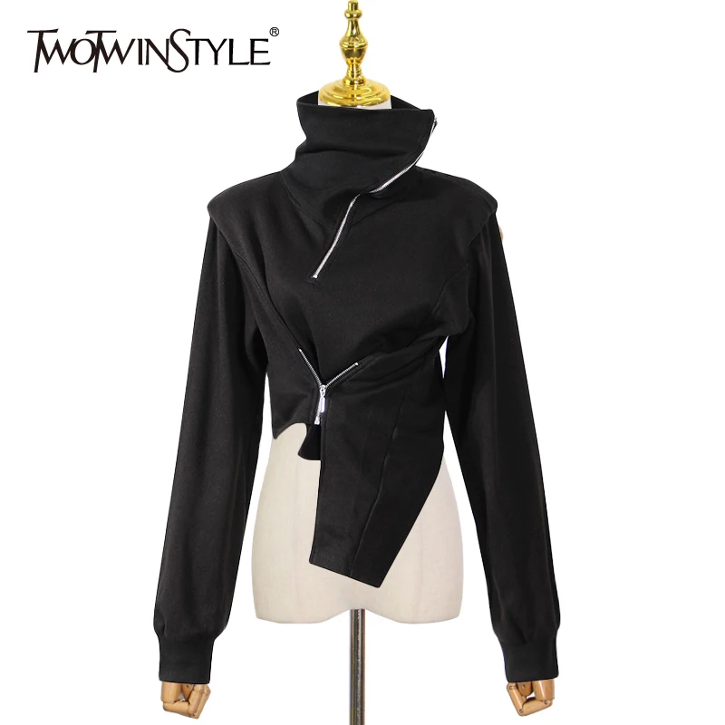 

TWOTWINSTYLE Loose Black Elegant Irregular Asymmetrical Sweatshirt For Women Stand Collar Long Sleeve Sweatshirts Female 2021