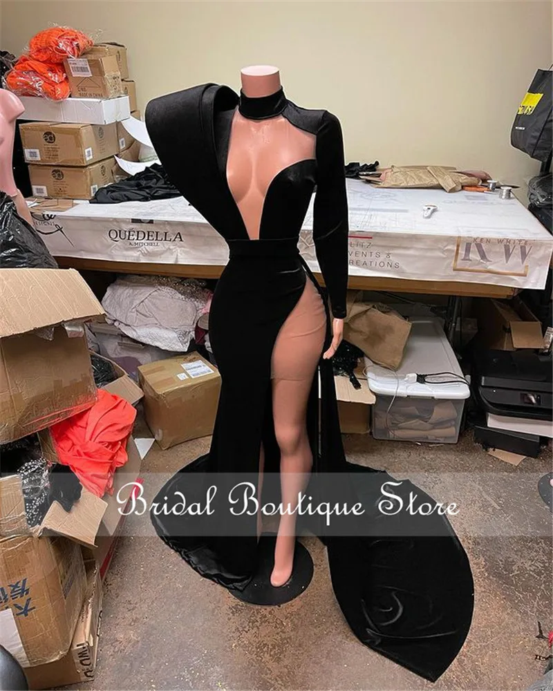 

Black Mermaid Prom Dresses 2022 High Split African Evening Dresses Velvet Formal Party Gown Plus Size Aso Ebi Robe De Bal