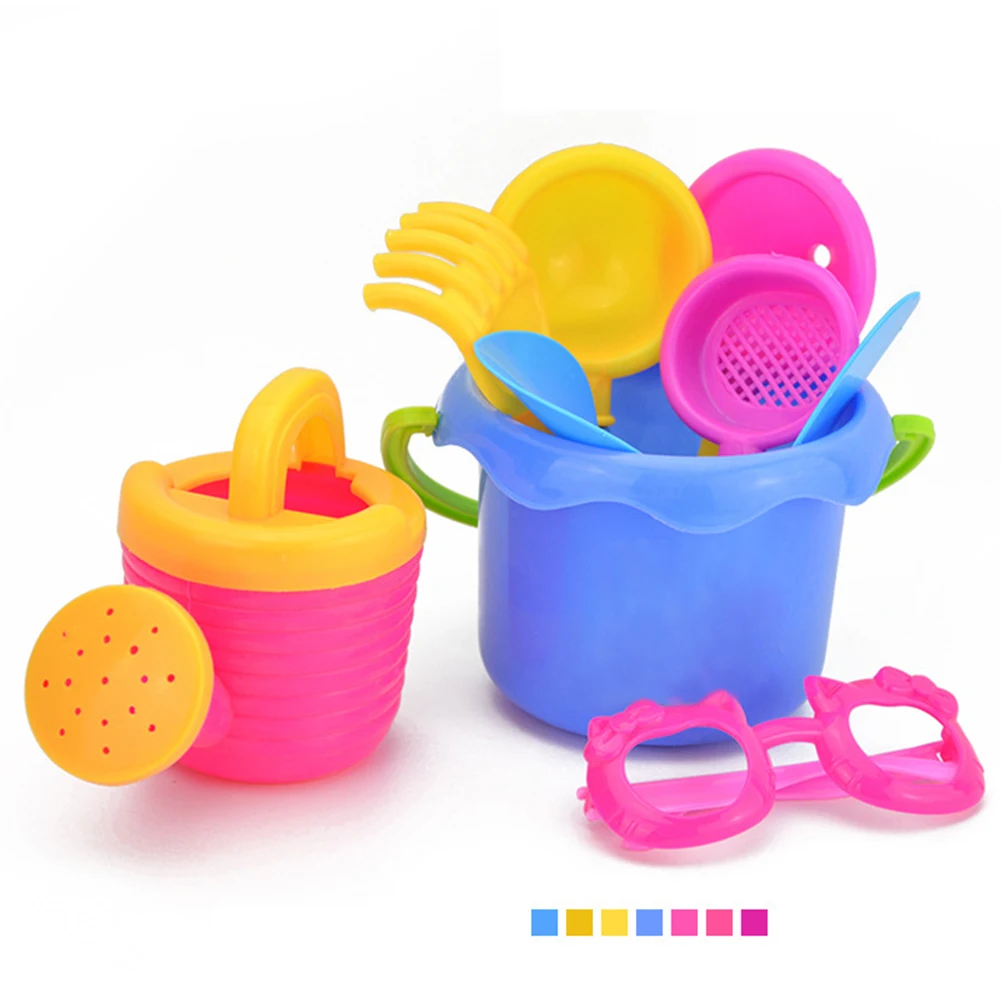 

9pcs/Set Toy Set Beach Glasses Non-toxic Seaside Sand Play Bucket Shovel Colorful Simulation Kettle Funnel Plastic Random Color