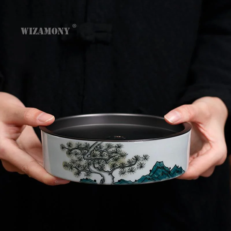 Wizamony alloy cover pot bearing hand painted small dry bubble plate green pine windward kungfu tea set pouring pot plate