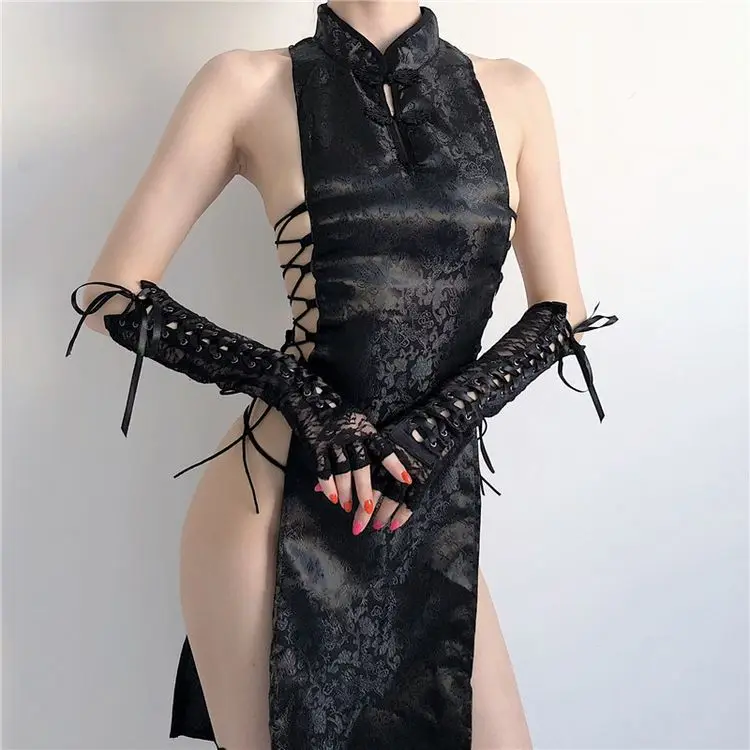 

High Split Bandage Mini Dress Qipao Sexy Lingerie Cheongsam Uniform Women Chinese Traditional Party Dress Nightclub Costumes