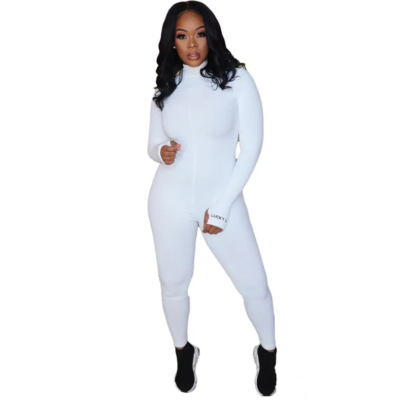 

Autumn Women Embroidery Rib Zipper Oversized Jumpsuit High Neck Long Sleeve Bodycon Tights Rompers Party Clubwear Outfits S-3XL
