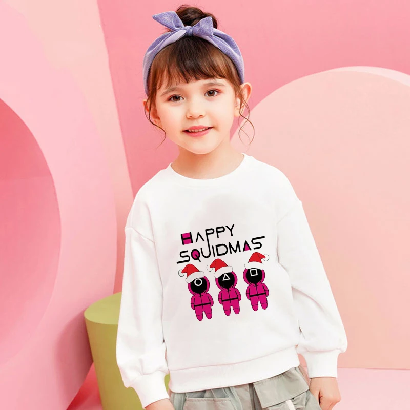 

White Long Sleeve Clothes Sweatshirt ​Children's Clothing Squid Game Cute Cartoon Boy And Girl Kid Top Crew Neck Anime Christmas