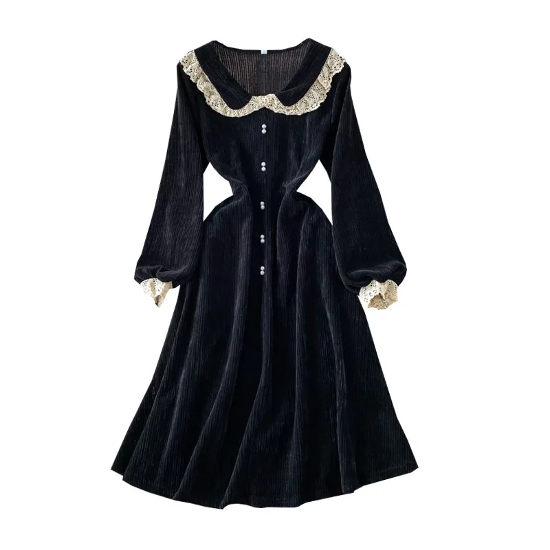 

Spring French retro age reducing sweet baby collar dress with bubble sleeves slim and elegant medium length