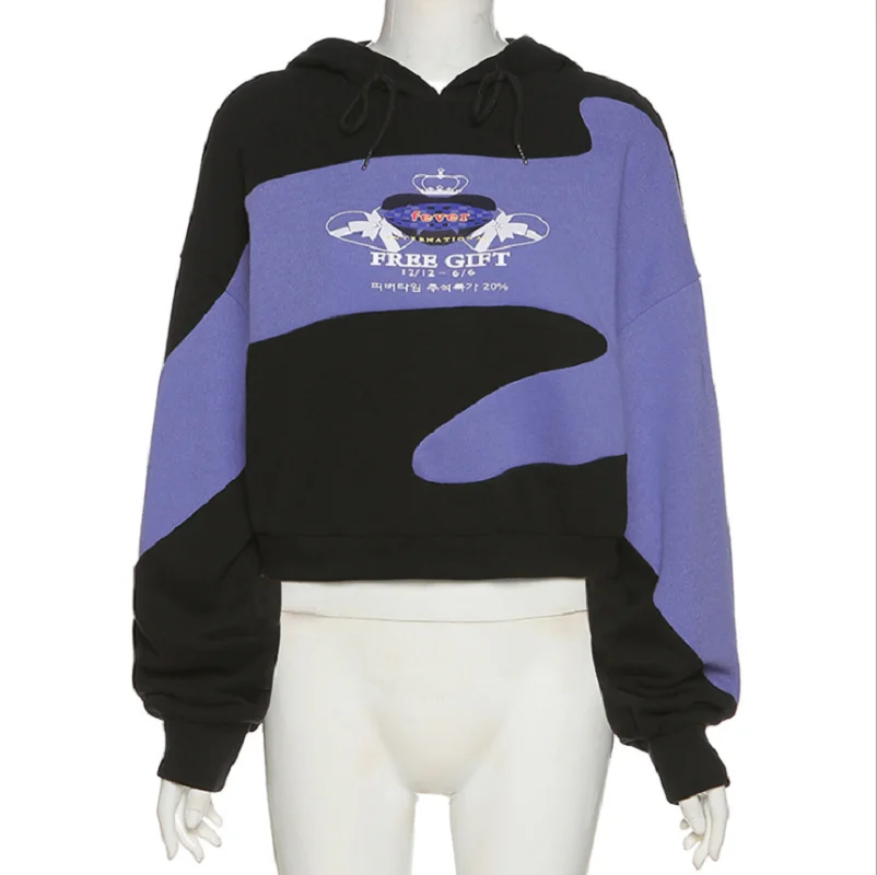 

Harajuku Winter Trend Product Women's Long-Sleeved Purple Hooded Drawstring Color-Blocking Printed Slim-Fit Cropped All-Match