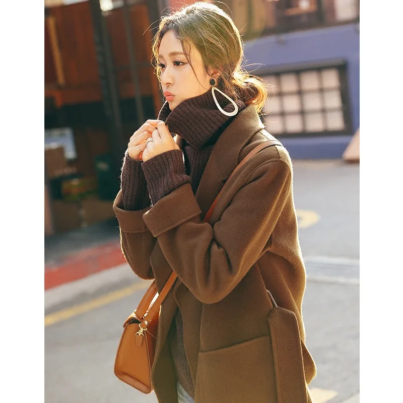 Winter Korean Women Wool 100% Coat Robe Style High Street Large 2 Pockets Double Faced Handmade Short Design with Belt | Женская одежда