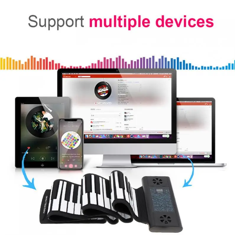 88 Keys  MIDI Roll Up Piano Rechargeable Electronic Portable Silicone Flexible Keyboard Organ Built-in 2 Speakers