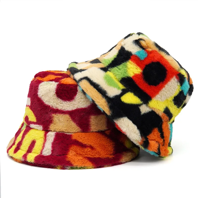 

Winter Letter Print Faux Fur Bucket Hats For Women Outdoor Warm Sun Hat Fluffy Velvet Fisherman Cap Lady Fashion Panama