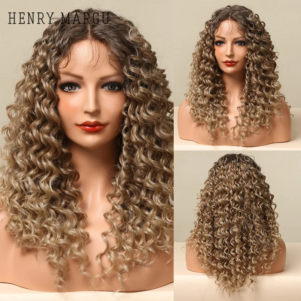 

HENRY MARGU Medium Curly Lace Front Synthetic Hair Wigs with Baby Hair Middle Part Ombre Blonde Brown Wave Lace Wigs for Women