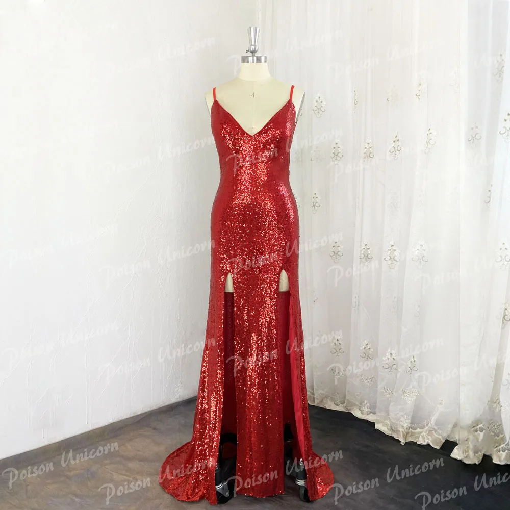 Sexy 2020 Red Cheap Mermaid Prom Dresses Long Sequined Spaghetti Straps V Neck High Side Split Evening Gown Vestidos De Fiesta | Свадьбы и