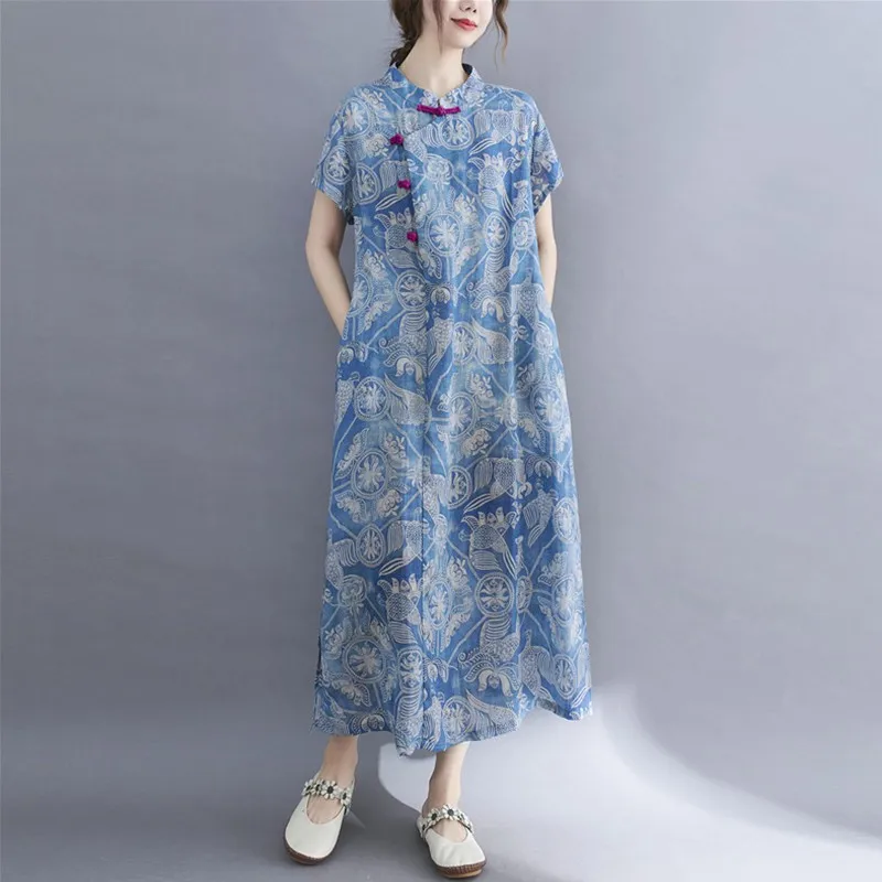 

Ladies Elegant A-line Long Dress New Arrival 2021 Summer Chinese Style Vintage Stand Collar Print Female Casual Dresses B787