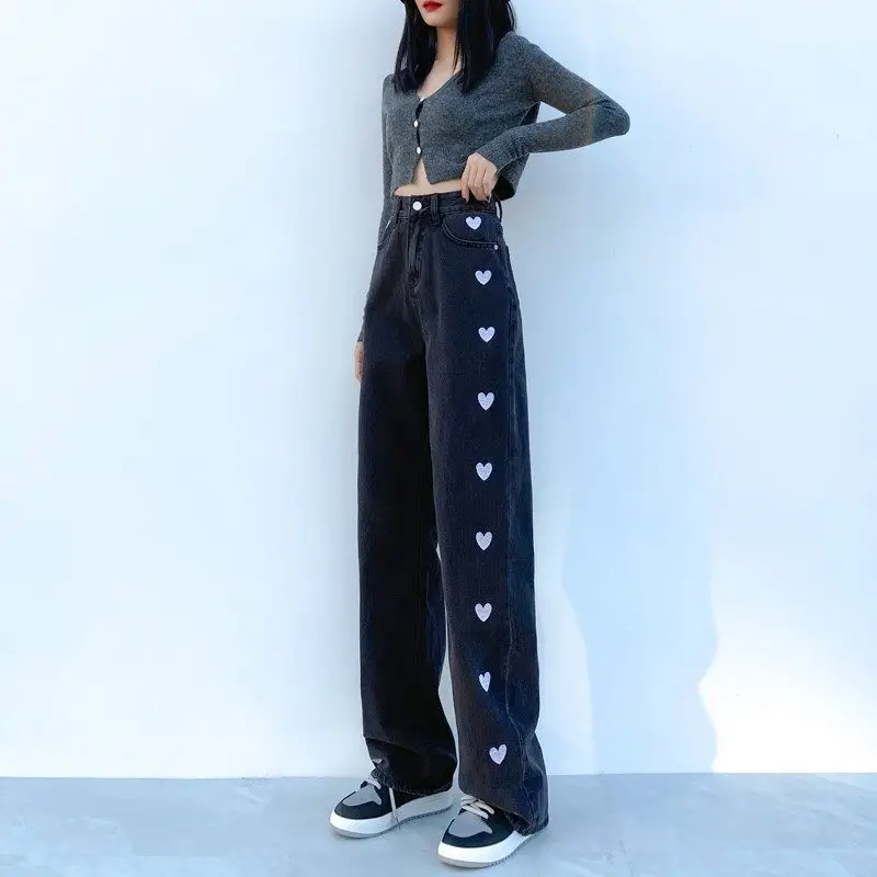 Модные женские джинсовые брюки в стиле Харадзюку С принтом сердца джинсы широкие