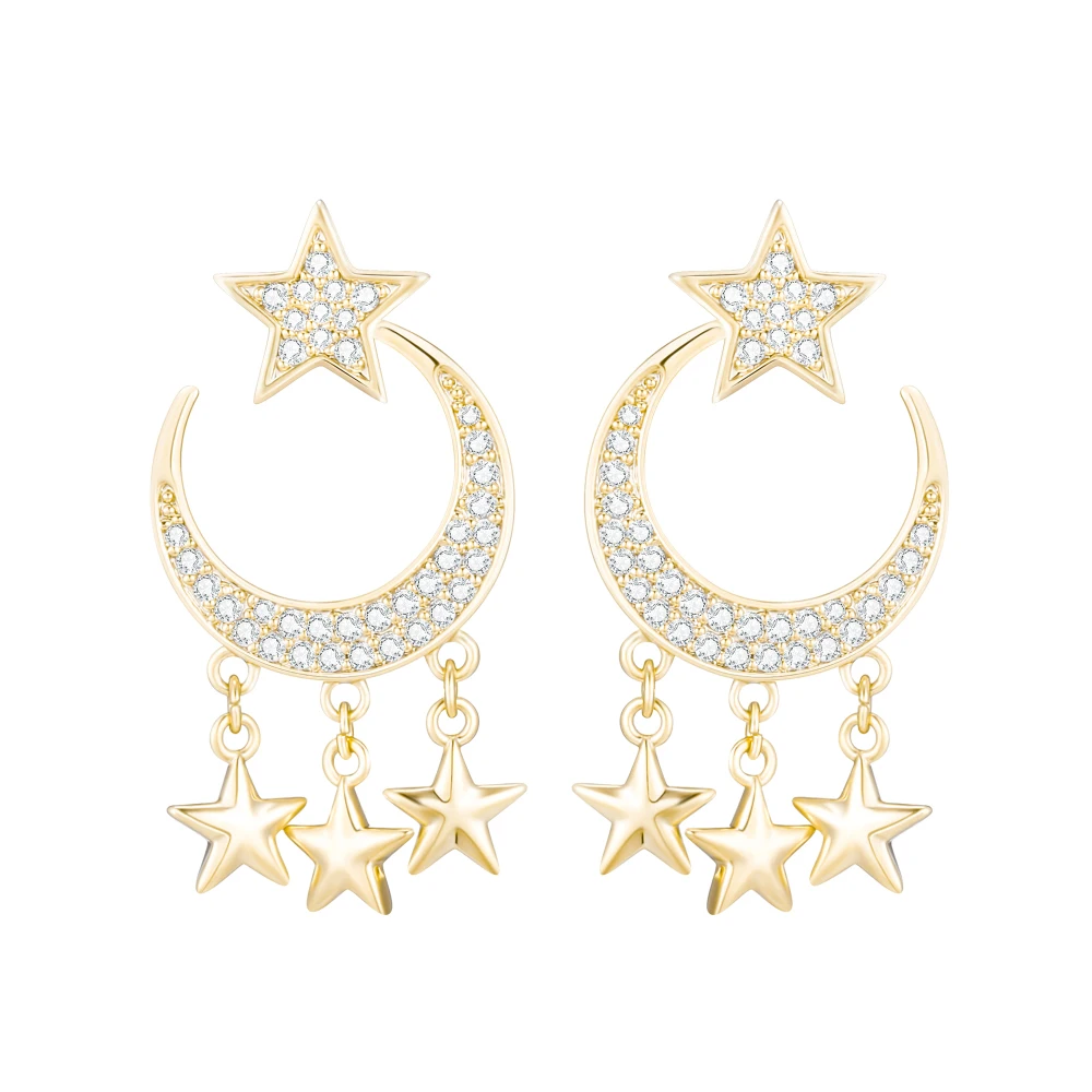 

Hot Selling Stylish Stud Earrings for Women Shiny White Zircon Crescent Moon Tassel Star Female Earring Fashion Jewelry
