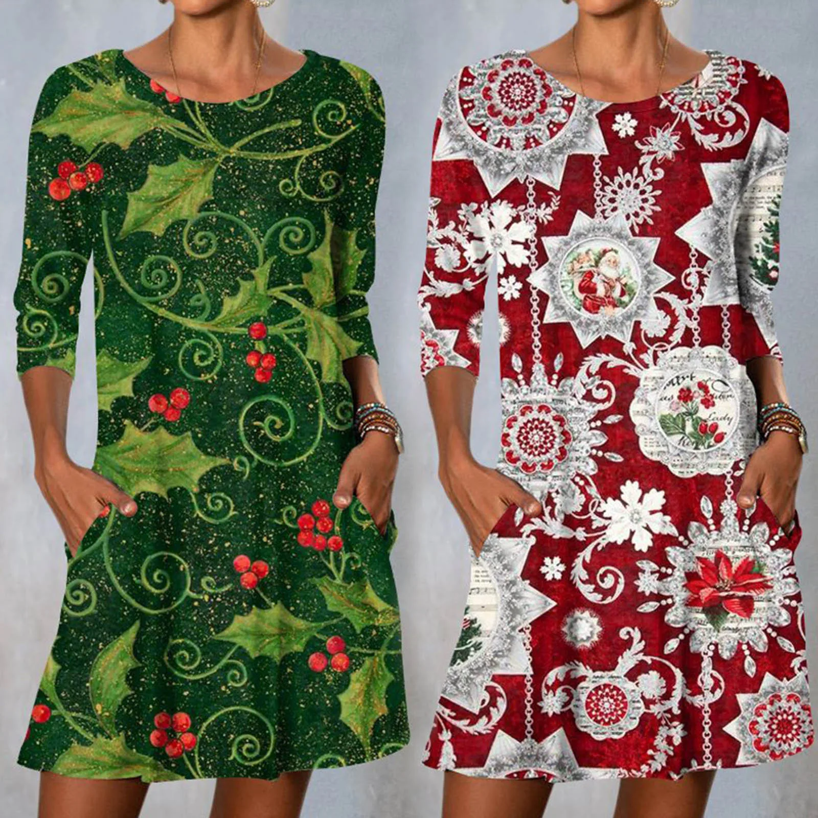 

Женское рождественское платье-пуловер с рукавом 3/4, круглым вырезом и принтом