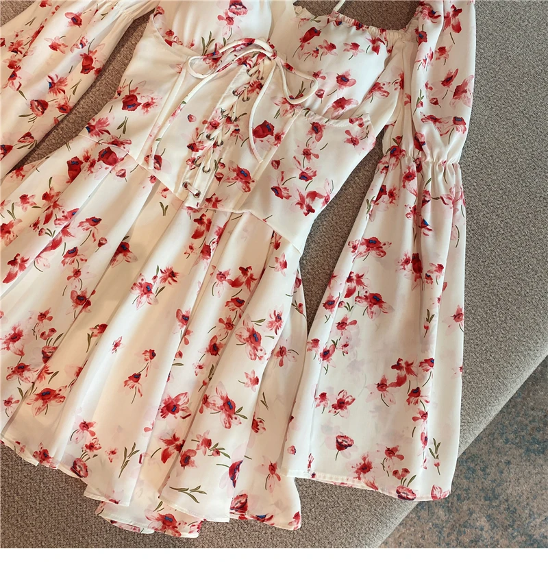 

2021 Spring New Korean Style Waist Slimming Flared Sleeves Printed Red Floral Chiffon Dress Women Fashion Mini Dress