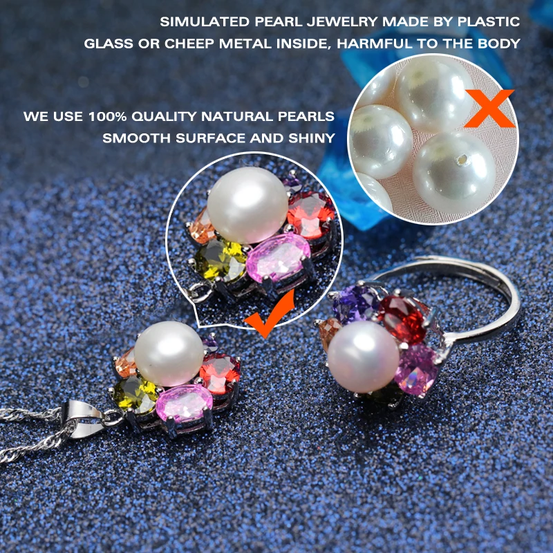 

FENASY 925 Sterling Silver Natural Freshwater Pearl Jewelry Sets for Women Pearl Necklace Ruby Earring ring Idea Gift