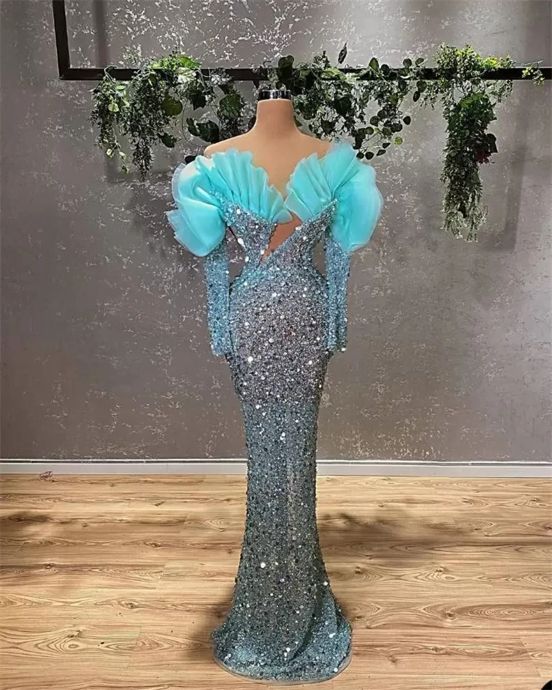 Sparkling Mermaid Evening Dresses Sequins Beads Luxury Long Sleeves Off Shoulder Formal Prom Dress Custom Made Robe De Soriee