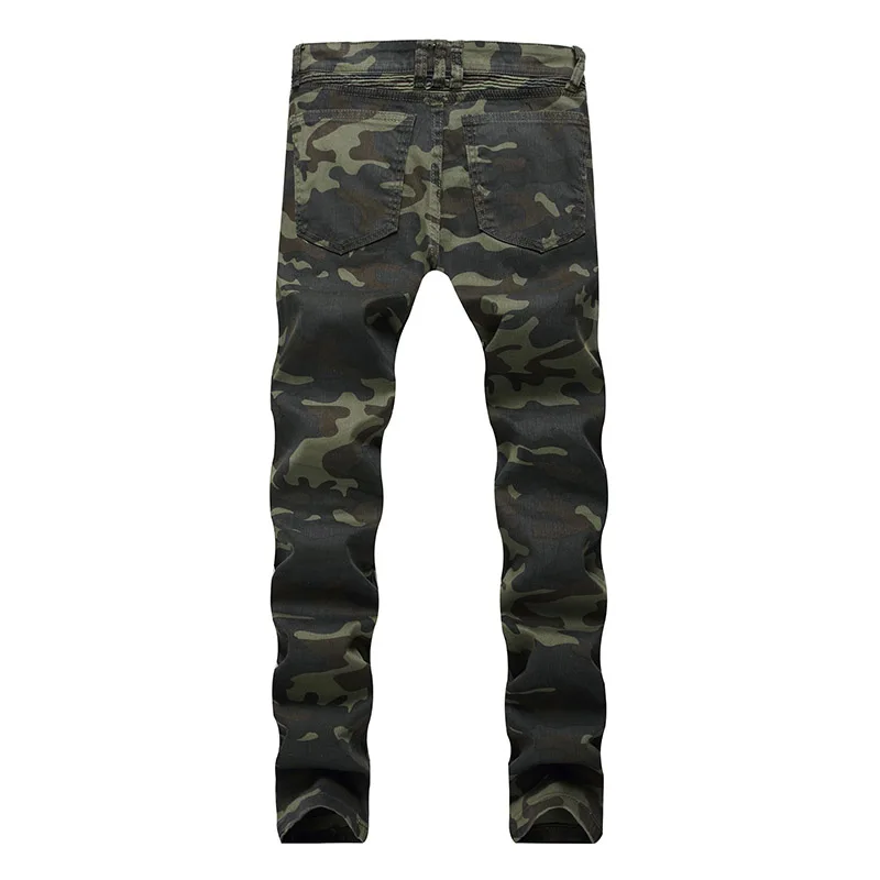 

KIOVNO Men's Ripped Biker Jeans Trousers Camouflage Straight Motorcycle Denim Pants For Male Size 28 -40