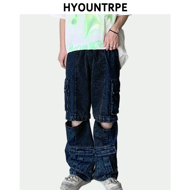 

Men High Street Loose Denim Jeans Fashion Knee Zipper with Pocket Elastic Waist Straight Pants Hip Hop Streetwear Casual Joggers