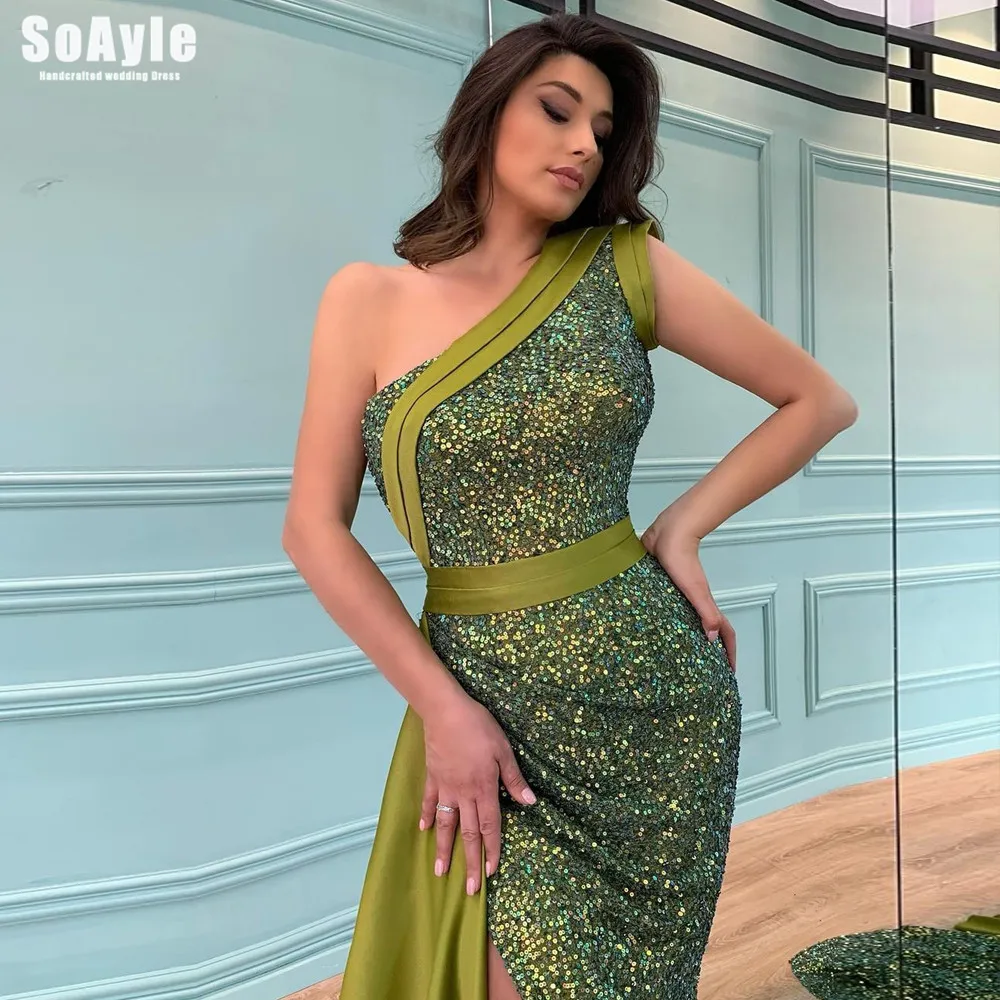 

SoAyle One-Shoulder Sleeveless Evening Dresses Sparkling Sequin Stitching Design Side Slit Pleated Cocktail Dress