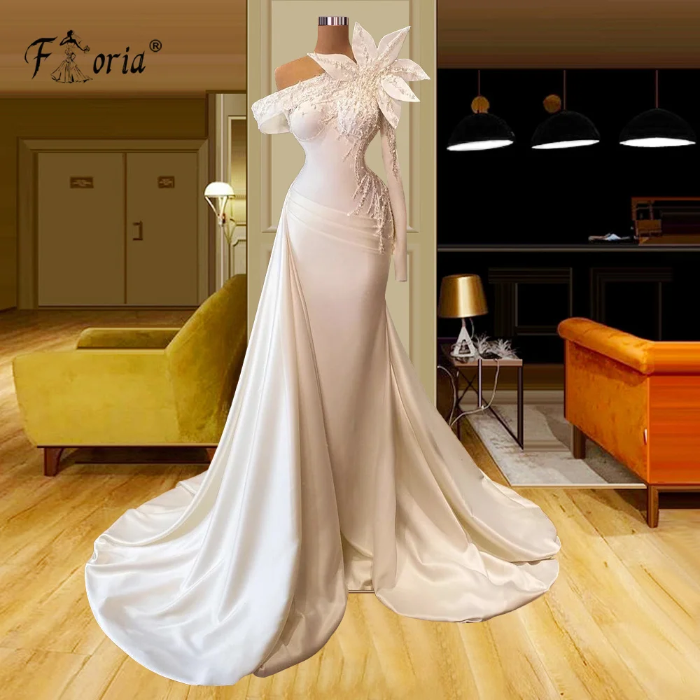 

White Luxury One Shoulder Wedding Dress 2021 Beading Sparkle Single Sleeve Sexy Bride Gown Dubai Customized Robe De Mariee