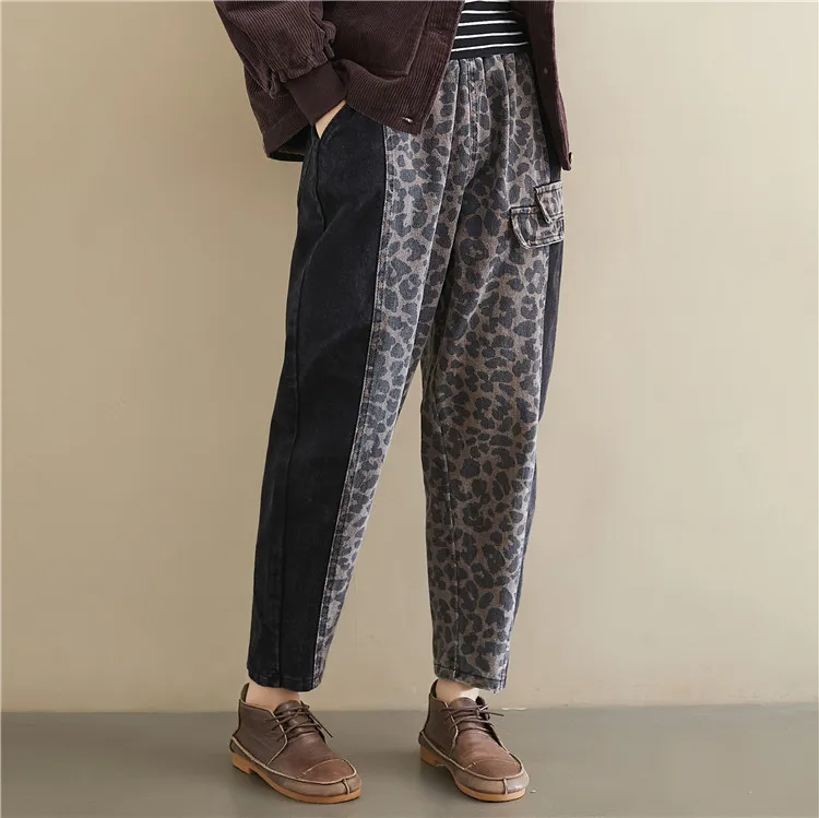 

Patchwork Pocket Loose Casual Denim Harem Pants Vintage Plus Size Jeans Woman 2021 New Spring Autumn Elastic Waist