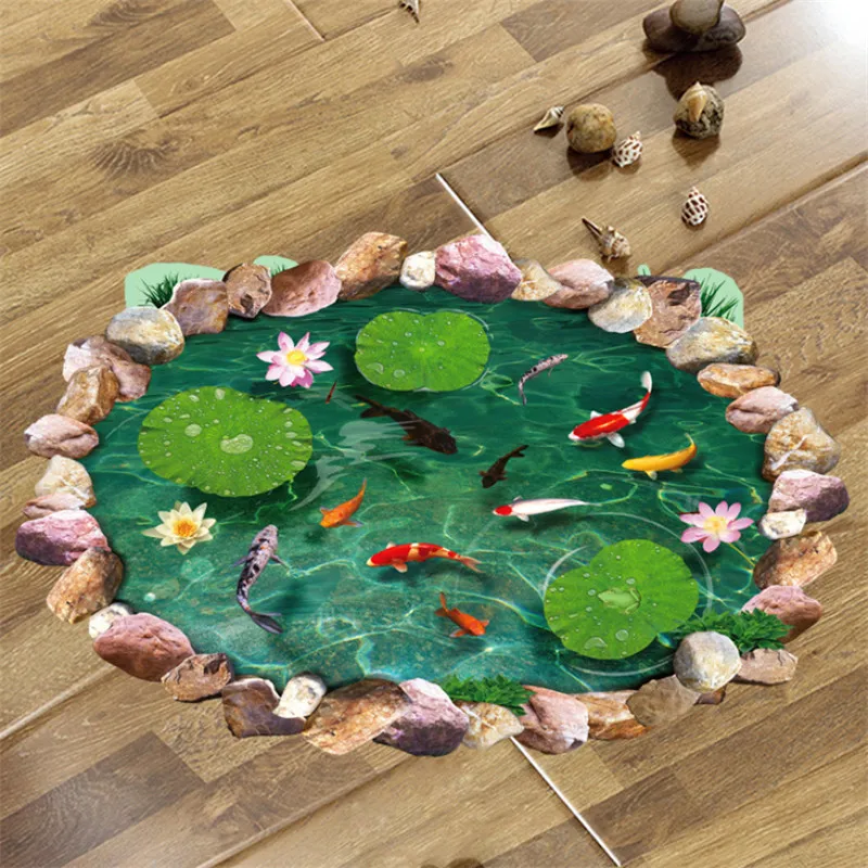 3D наклейки для пола в виде лотоса пруда рыбы ванной комнаты гостиной украшения