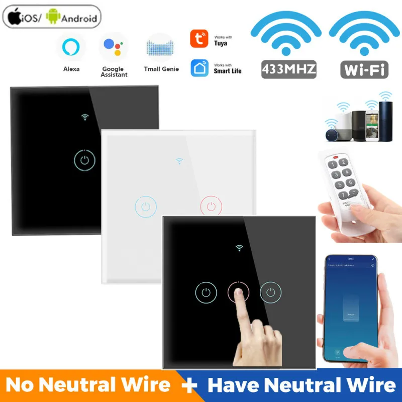 

Wifi Wall Touch Switch 433MHZ No Neutral Wire Required Smart Light Switch 1 2 3 Gang Tuya Smart Home Support Alexa Google Home