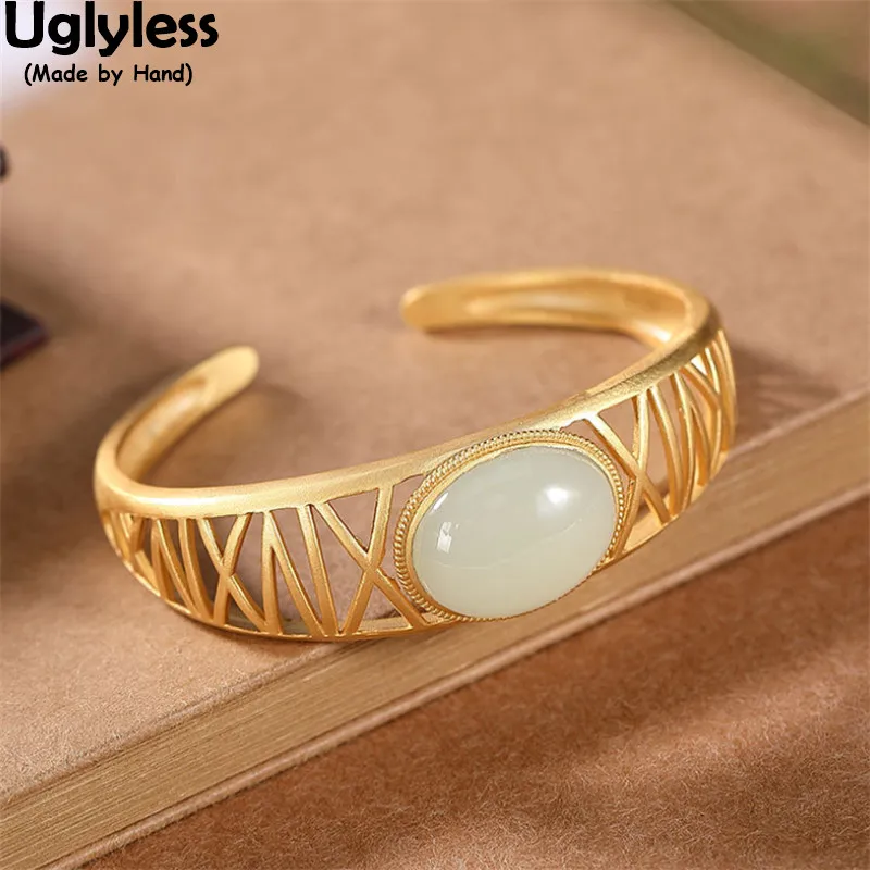 

Uglyless Hollow Wide Bangles for Women Real 925 Silver Ethnic Fashion Open Bangles Oval Gemstones Jade Statement Jewelry Gold