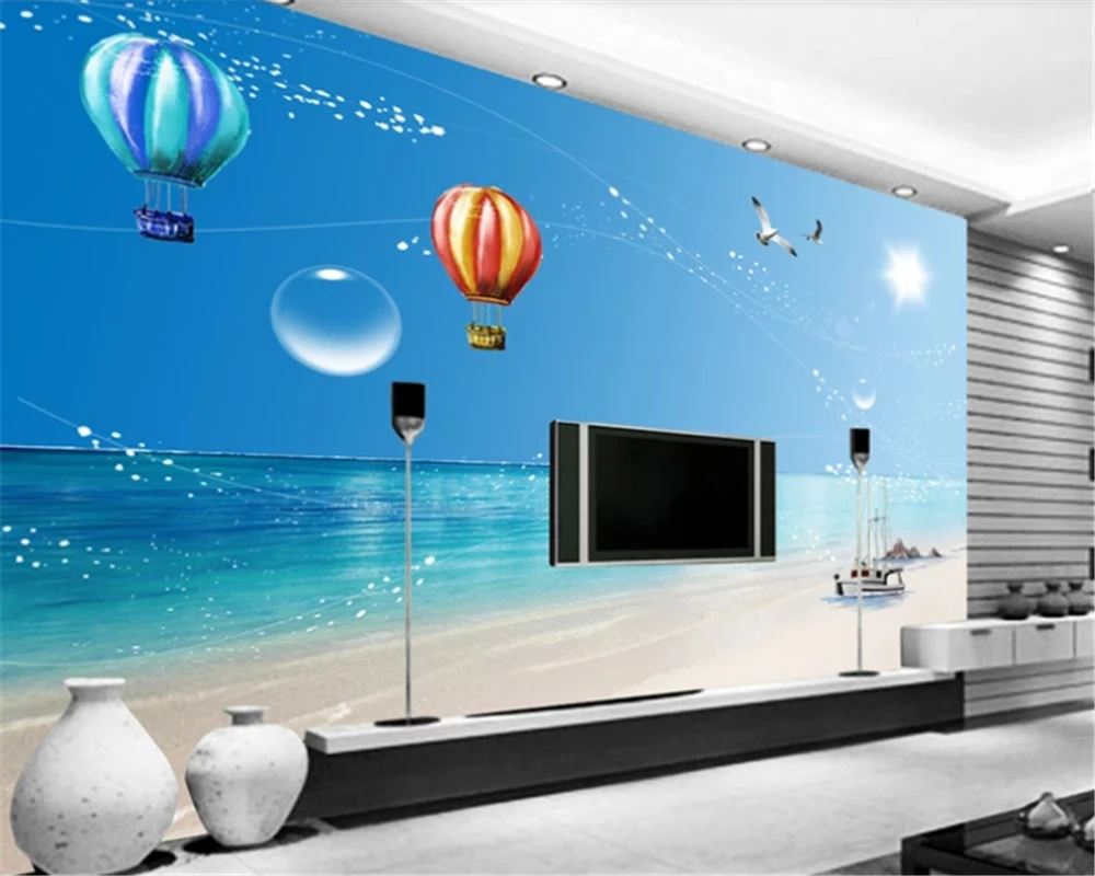 

beibehang Custom painting photo wallpaper blue sky white cloud beach Mediterranean style mural living room TV background wall