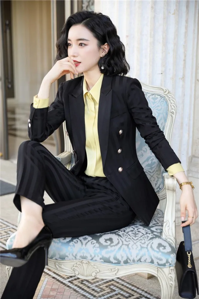 High Quality Fabric Novelty Wine Striped Women Business Suits with Pants and Blazer Coat Autumn Winter Professional Pantsuits