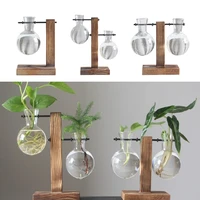 3pcs vintage hydroponic vase terrarium planter glass vase with retro wooden stand home garden wedding decor