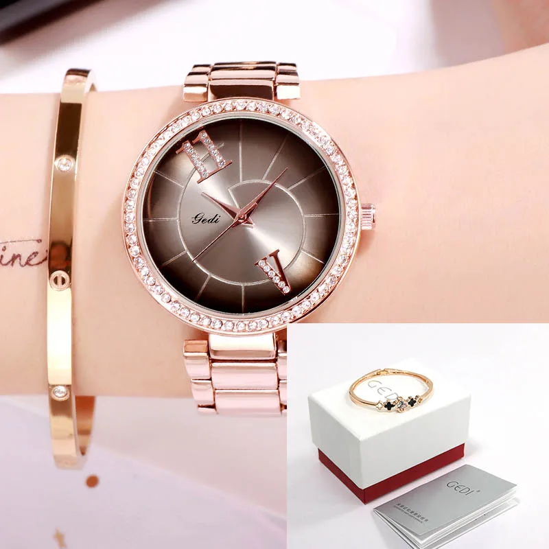 Rosegold black box GEDI модные элегантные женские часы с ремешком из сплава розового золота кварцевые наручные часы женские роскошные стразы уникальный дизайн часы с буквами - Цвет: Rosegold black box