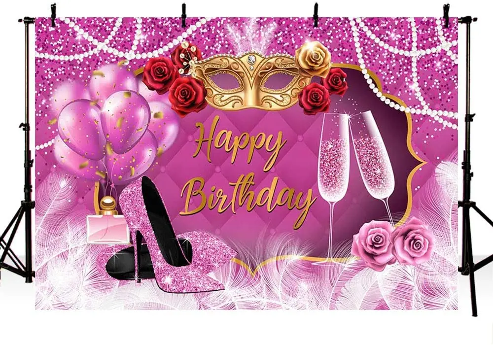 

Purple Happy Birthday Party Decoration Backdrop for Adults Women Rose Pink High Heels Gold Mask Champagne Glitter Feathers Pearl