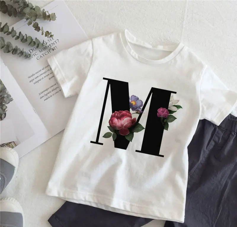 

Fashion Alphabet Girls Tshirts Unisex Summer New T-shirt Harajuku Retro Boy Tshirt Flowers Element Nice Round Neck Kids Tshirt