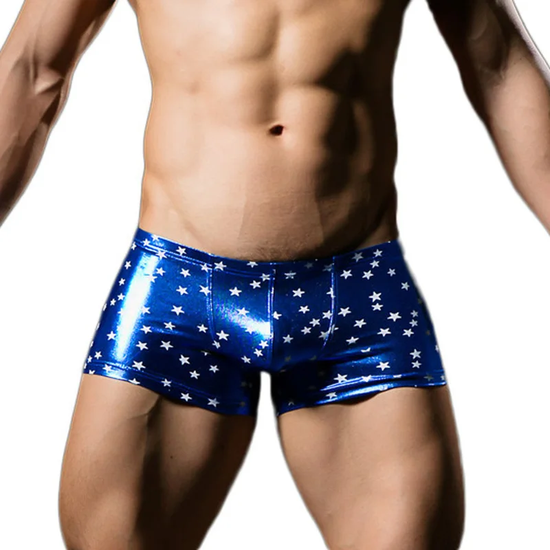 Мужские боксеры из блестящей искусственной кожи со звездами сексуальные мужские