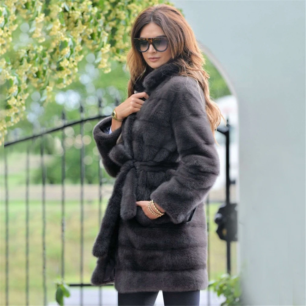 TOPFUR 2021 New Arrival Slim Real Fur Coat Natural Mink Fur Coats Thick Warm Winter Women Luxury Slim Gray Overcoat With Belt