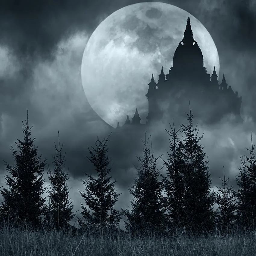 

6x6ft Magic Castle Silhouette Over Full moon At Night Custom Photo Studio Seamless Background Backdrop Vinyl 180cm x 180cm