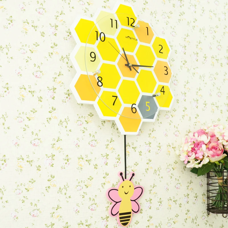3d Bee Creative Pendulum Clock Children Room Wood Lovely Wall Kids Bedroom Decoration klok Watches Home Decor SC052 | Дом и сад