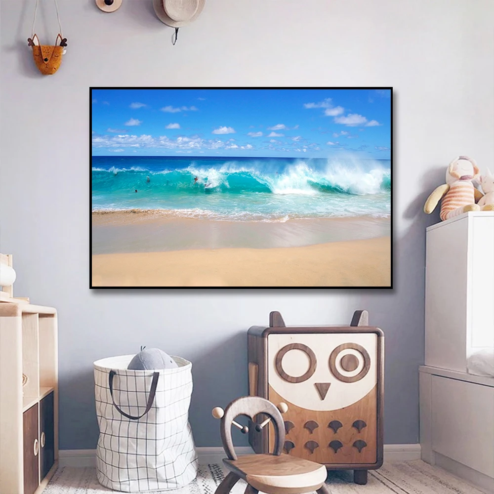 Морской пейзаж Скандинавии Синее море и пляжная декорация Холст Печать Фотографии для гостиной спальни Дома Украшение.