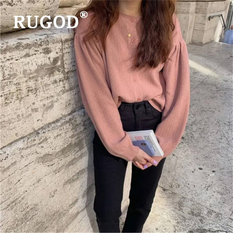 RUGOD Korean New Style Chic Vintage Puff Sleeve Solid Color Cardigan O-neck Single-breasted Hollow-out Sweater Fashion |