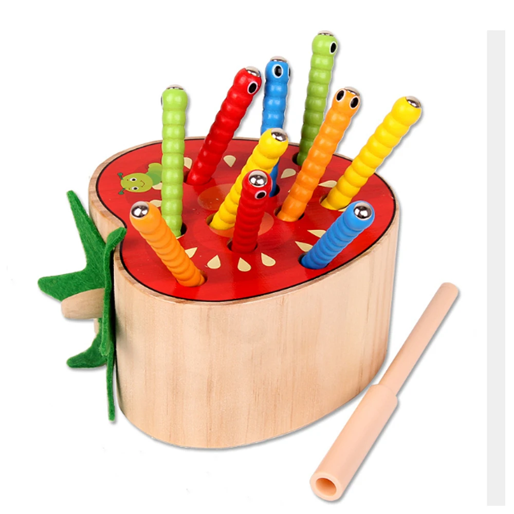 solid wood tomato 3D Пазлы Обучающие Детские деревянные модели игрушки фрукты овощи обучающая головоломка Магнитная детская ловля насекомых червь игра - Цвет: solid wood tomato